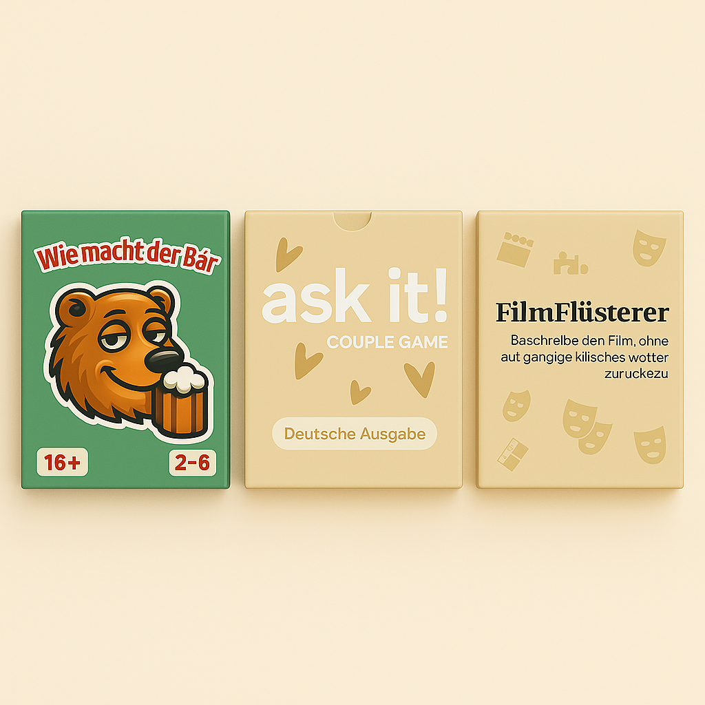 partyspiel bundle als alternative zu angsthase und we are not really strangers

kartenspiel set mit trinkspiel, filmspiel und paarspiel

bestes party bundle für erwachsene und studenten

spieleabend bundle mit trinkspiel, couple game und film quiz

das ultimative spielebundle für party, beziehung und filme