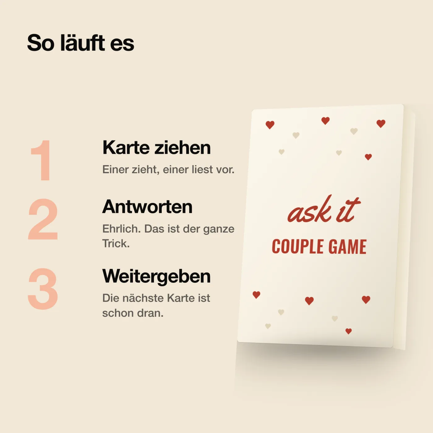 ask it! – So wird gespielt: Karte ziehen, vorlesen, loslegen. Couple Game mit 101 Karten.