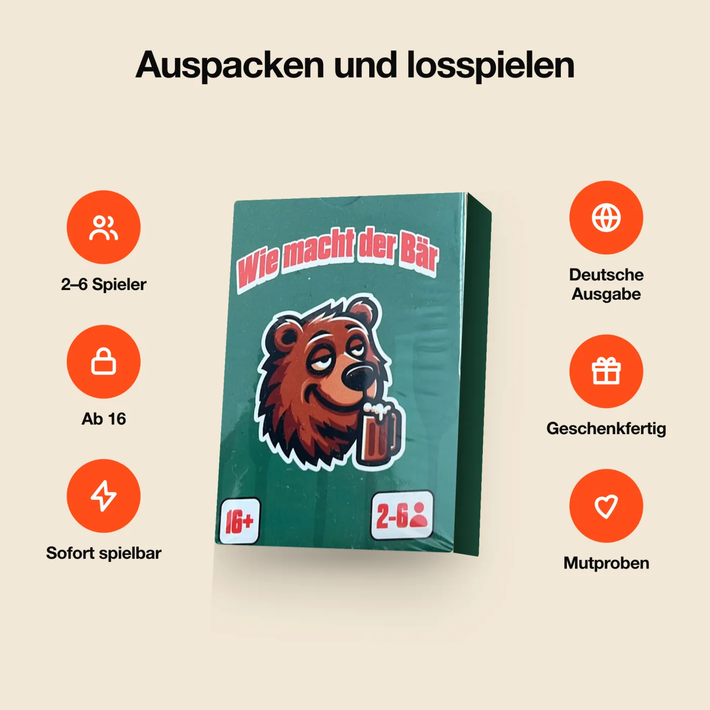 Wie macht der Bär – Alle Merkmale rund um die Packung. Trinkspiel mit 55 Karten.