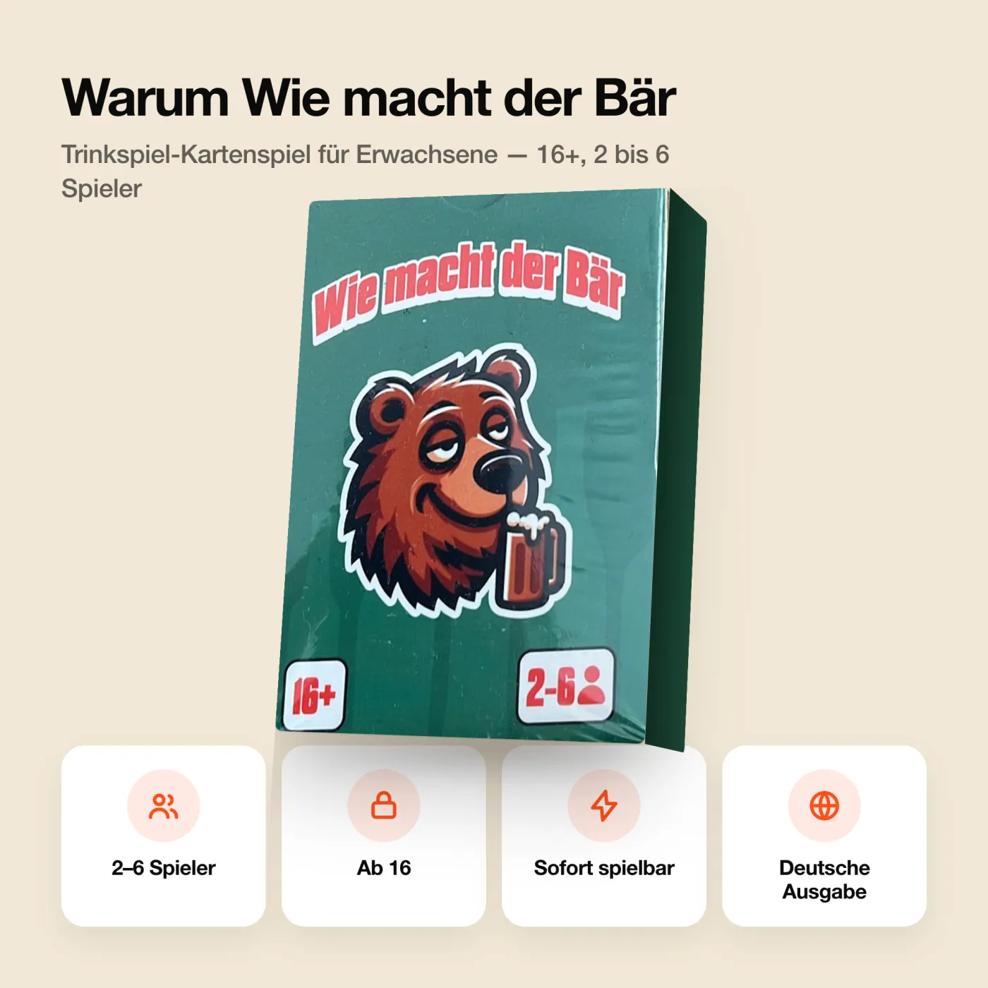 Wie macht der Bär – Merkmale auf einen Blick. Trinkspiel mit 55 Karten.