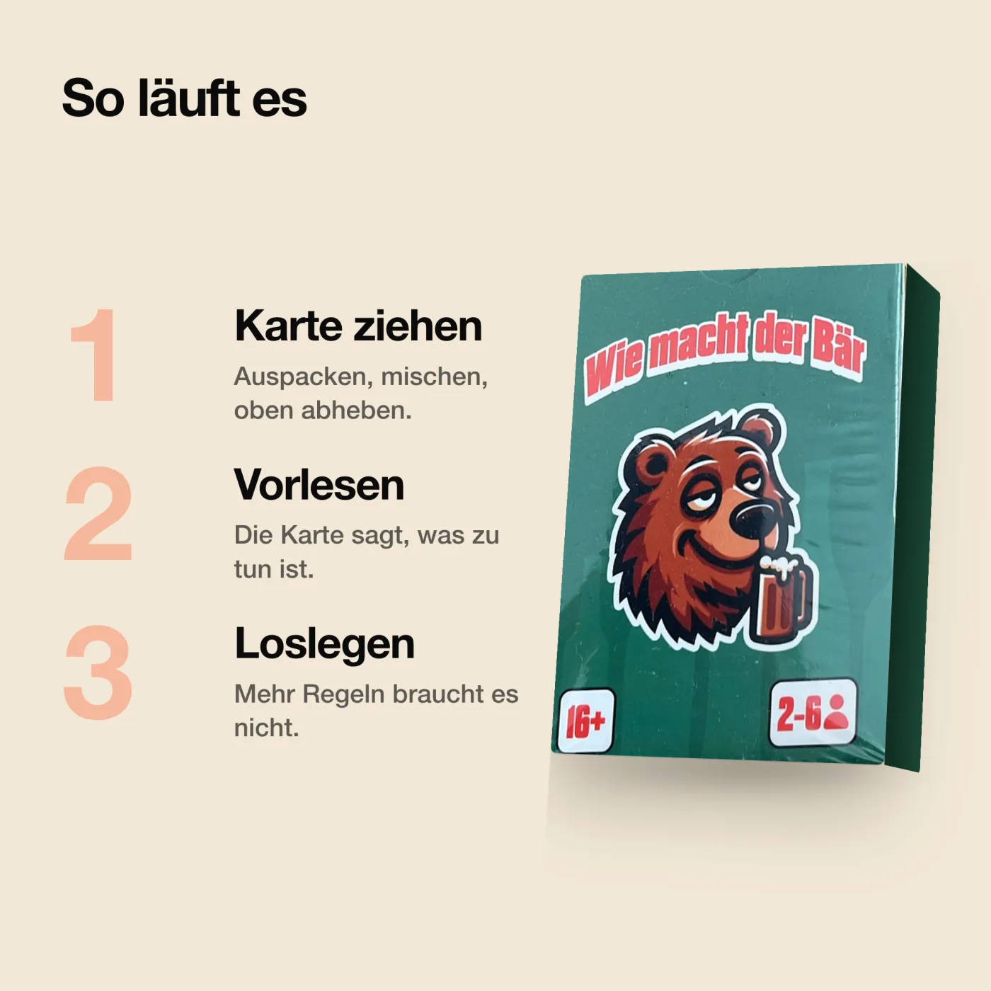 Wie macht der Bär – So wird gespielt: Karte ziehen, vorlesen, loslegen. Trinkspiel mit 55 Karten.