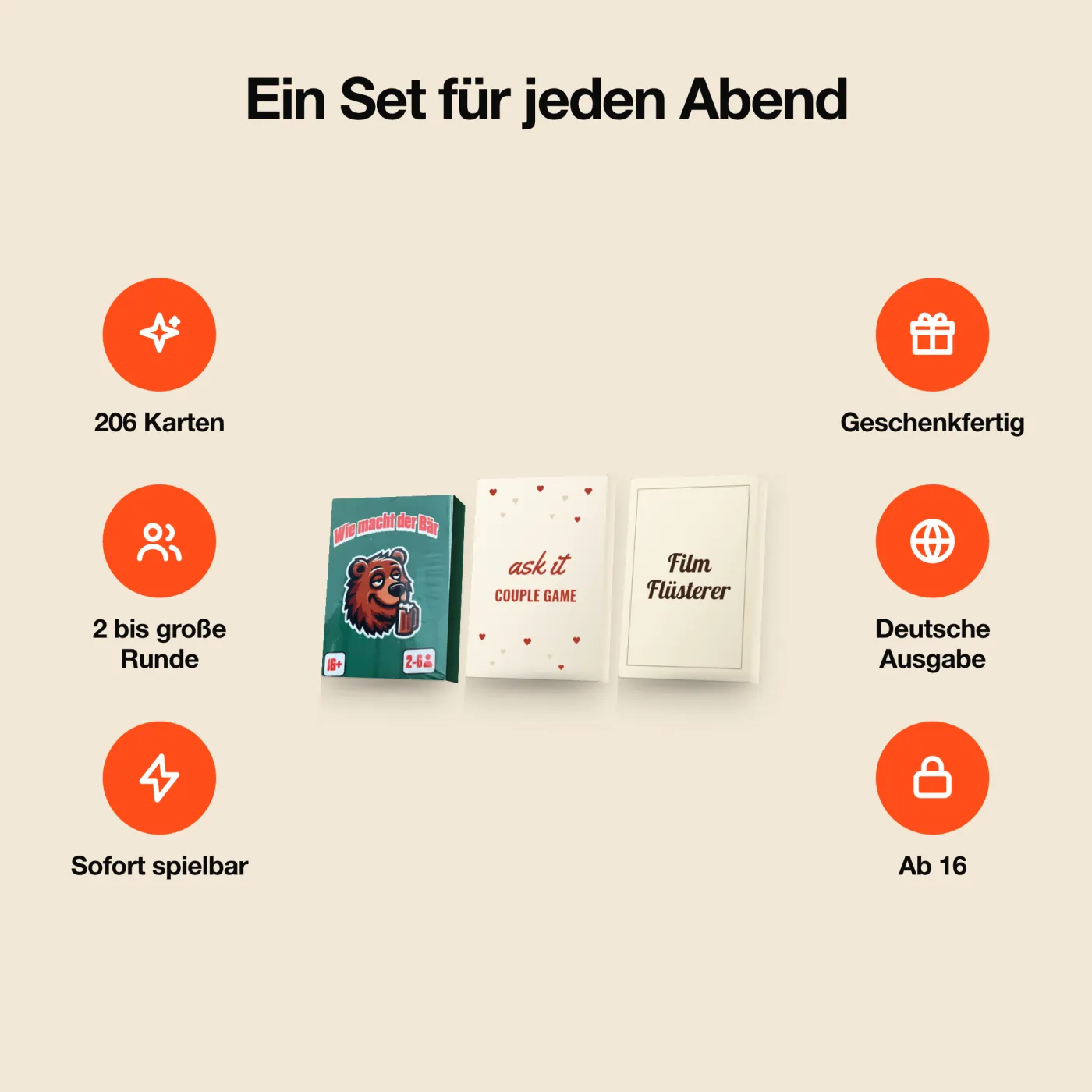 Cardsnight Komplett-Bundle – Alle Merkmale rund um die Packung. drei Spiele mit 206 Karten.