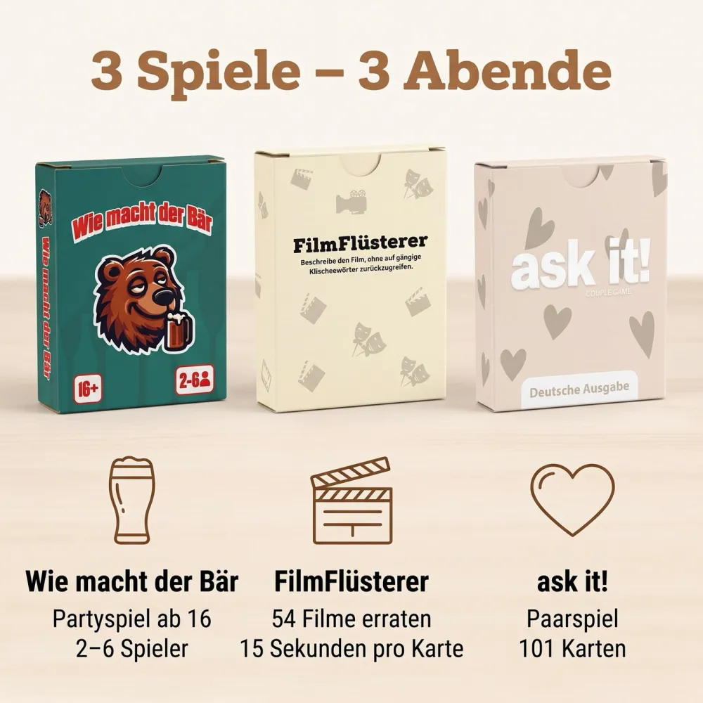 Cardsnight Komplett-Bundle – 3 Spiele, 3 Abende: Wie macht der Bär (Partyspiel ab 16, 2–6 Spieler), FilmFlüsterer (54 Filme erraten) und ask it! (Paarspiel, 101 Karten).