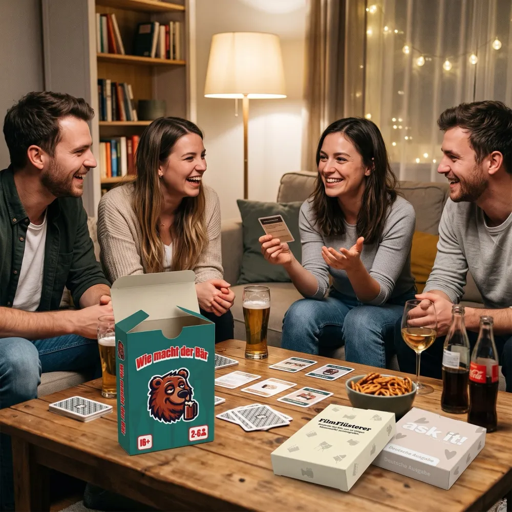 Cardsnight Komplett-Bundle – Spieleabend mit Freunden: Wie macht der Bär, FilmFlüsterer und ask it! auf dem Couchtisch.