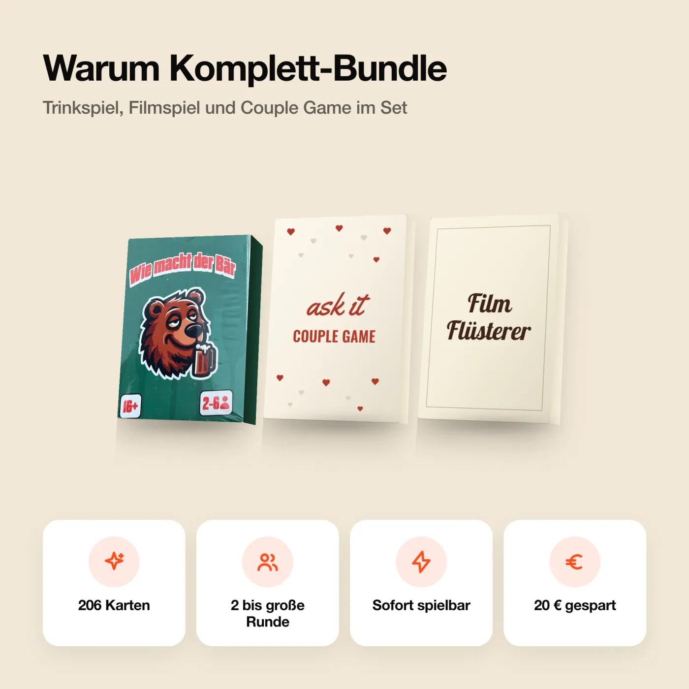 Cardsnight Komplett-Bundle – Merkmale auf einen Blick. drei Spiele mit 206 Karten.