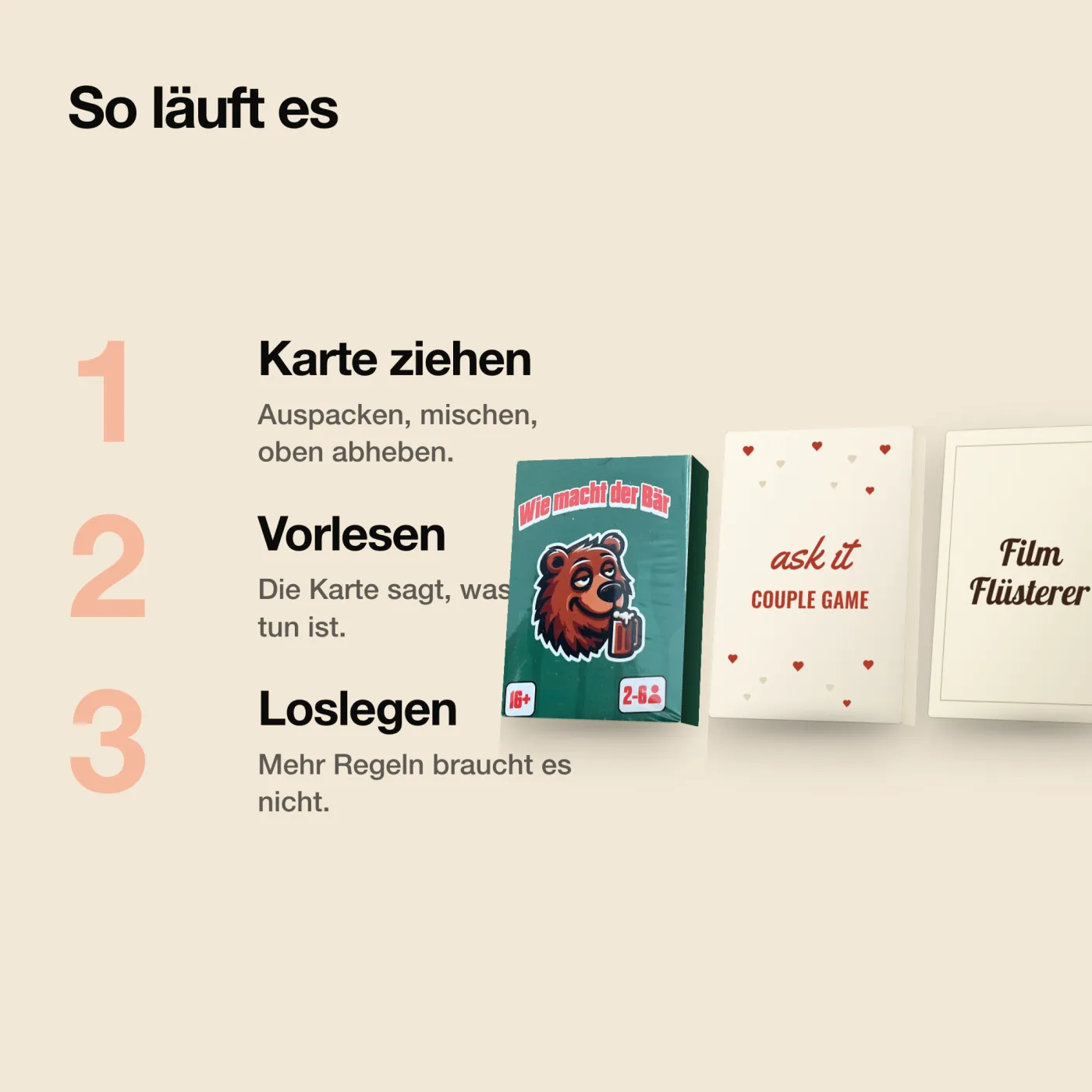 Cardsnight Komplett-Bundle – So wird gespielt: Karte ziehen, vorlesen, loslegen. drei Spiele mit 206 Karten.