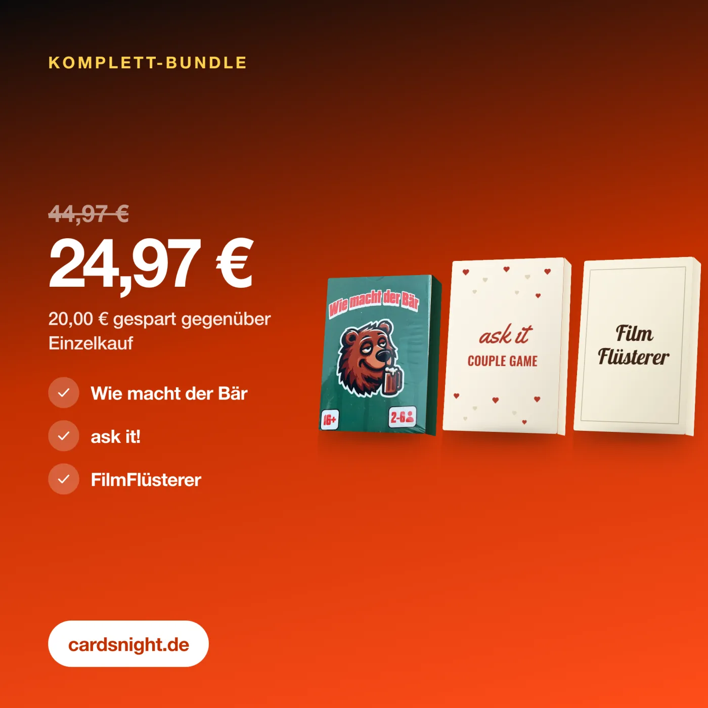 Cardsnight Komplett-Bundle – Preis und Lieferumfang. drei Spiele mit 206 Karten.