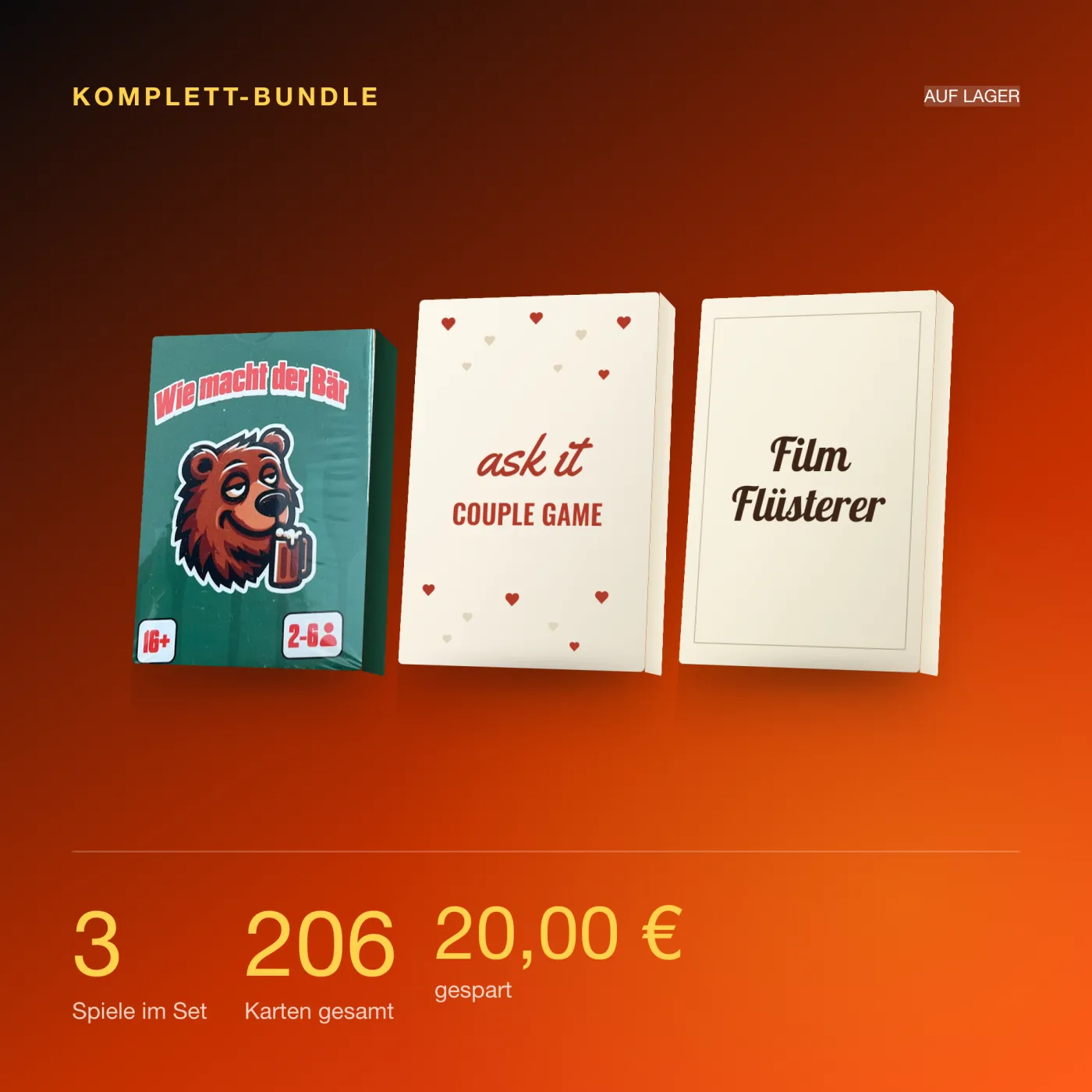 Cardsnight Komplett-Bundle – Die wichtigsten Kennzahlen. drei Spiele mit 206 Karten.