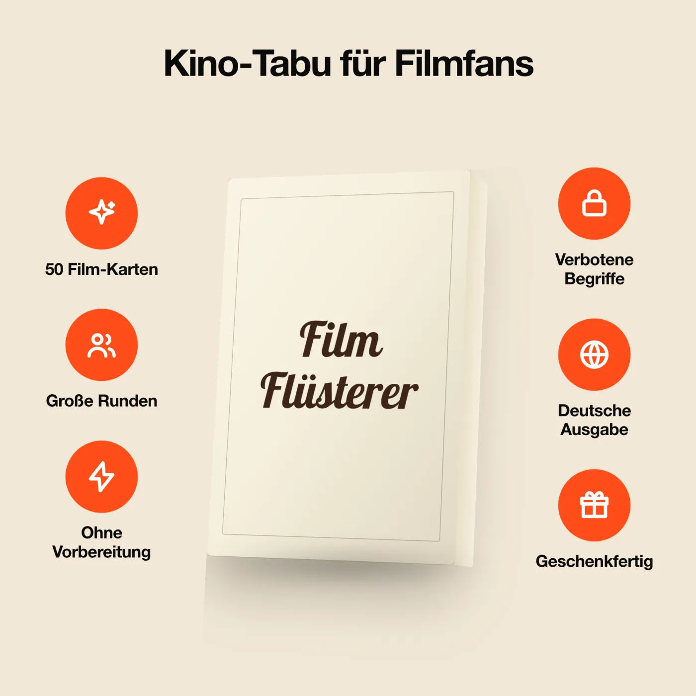 FilmFlüsterer – Alle Merkmale rund um die Packung. Filmspiel mit 50 Karten.