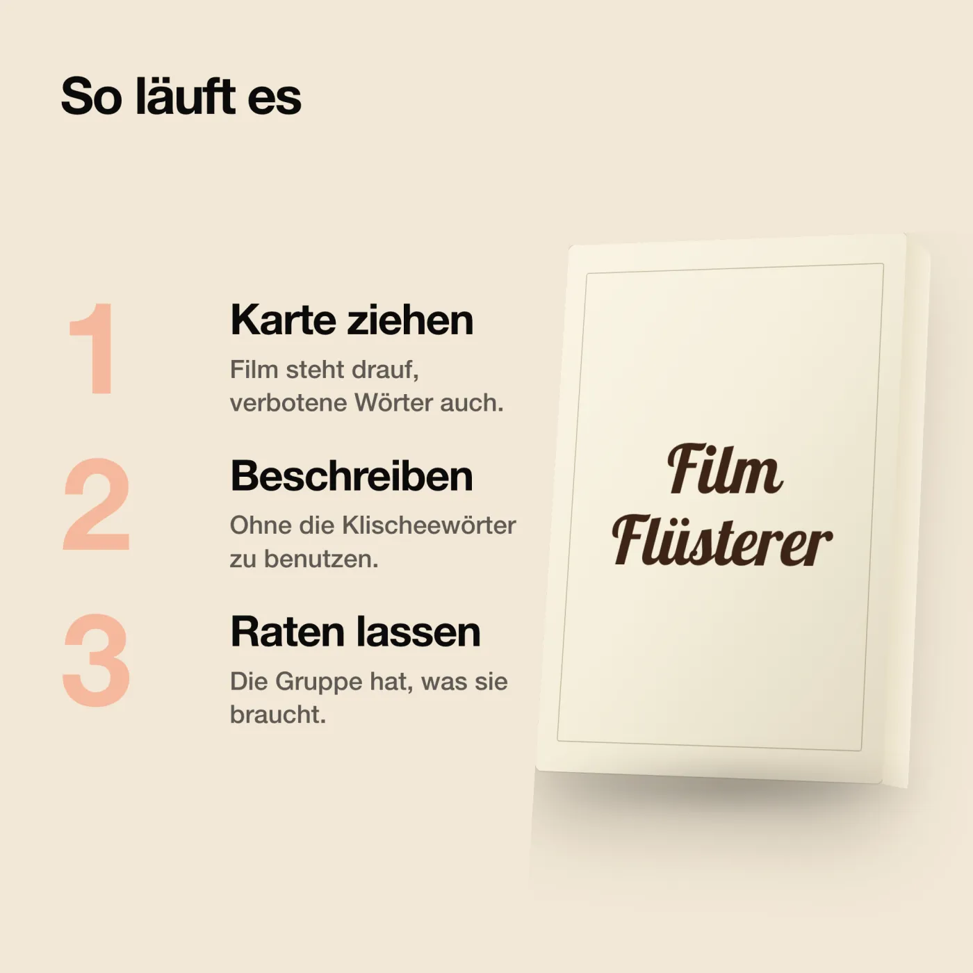 FilmFlüsterer – So wird gespielt: Karte ziehen, vorlesen, loslegen. Filmspiel mit 50 Karten.