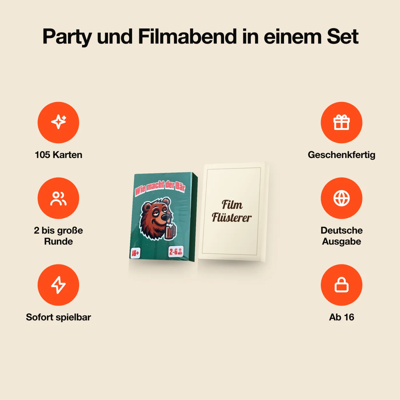 Party-Bundle – Alle Merkmale rund um die Packung. Zwei Spiele mit 105 Karten.