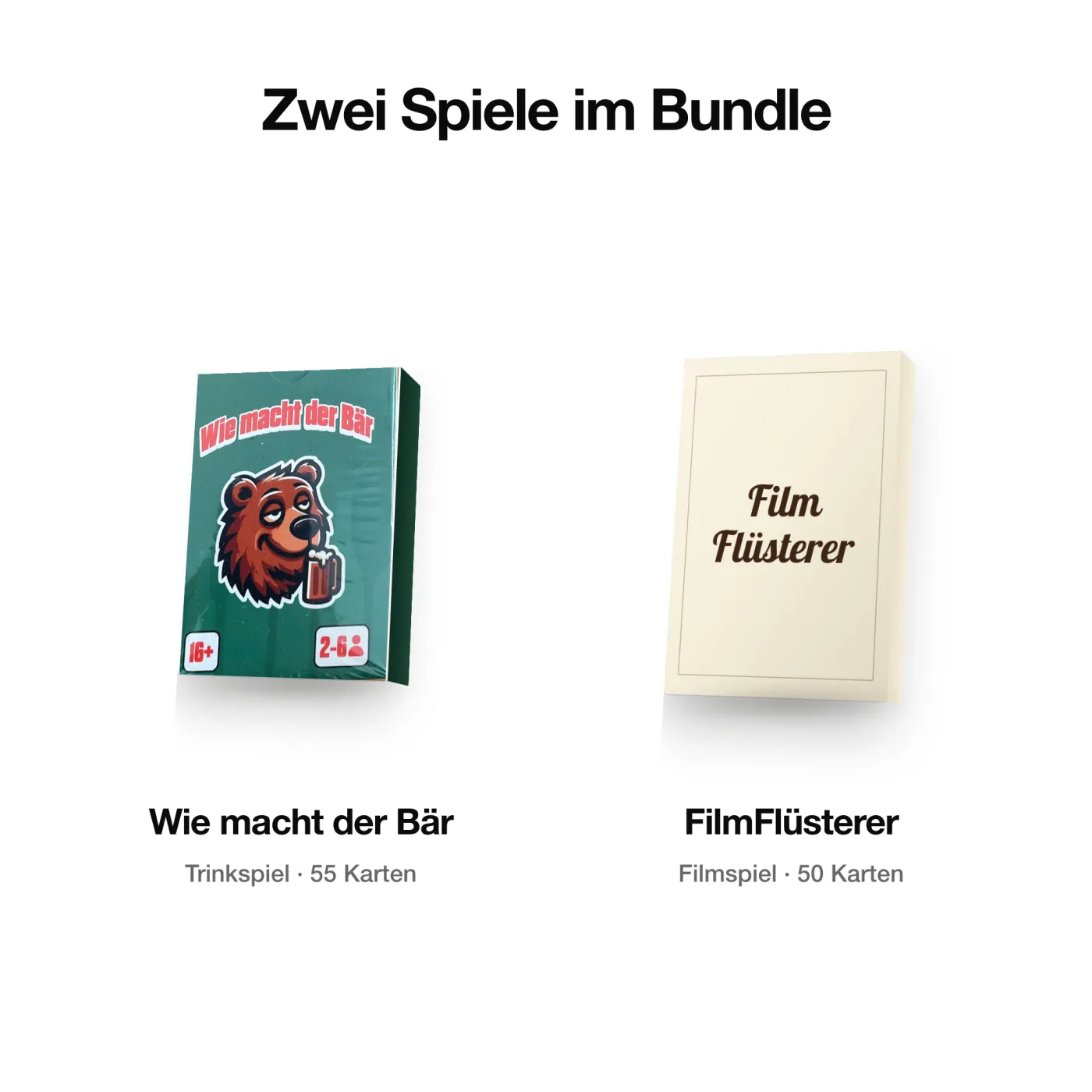 Party-Bundle – Was in der Box steckt: Wie macht der Bär mit 55 Karten und Filmflüsterer mit 50 Karten.